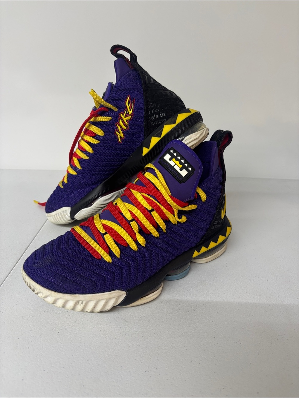 Nike LeBron 16 Martin Purple Men's Basketball Sneakers with Red & Yellow Laces